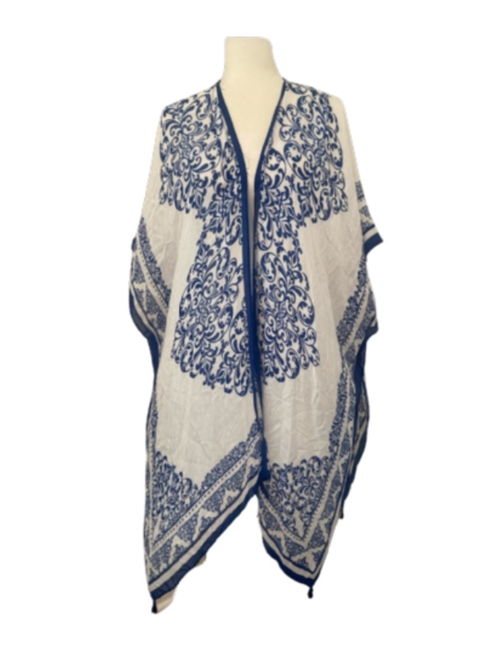 Woven Heart lightweight blue/white triangle hem open front long line kimono EUC